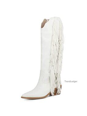Women's Fringe Cowboy Boots Knee High Western Pointed Toe Side Zip